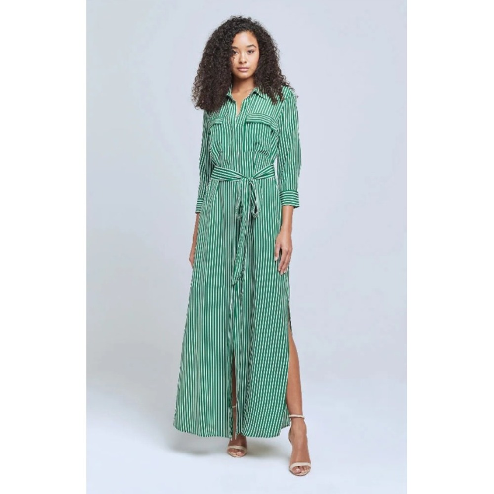 L'AGENCE Cameron Stripe Long Silk Shirt Dress Green White Belted Slits Large‎
